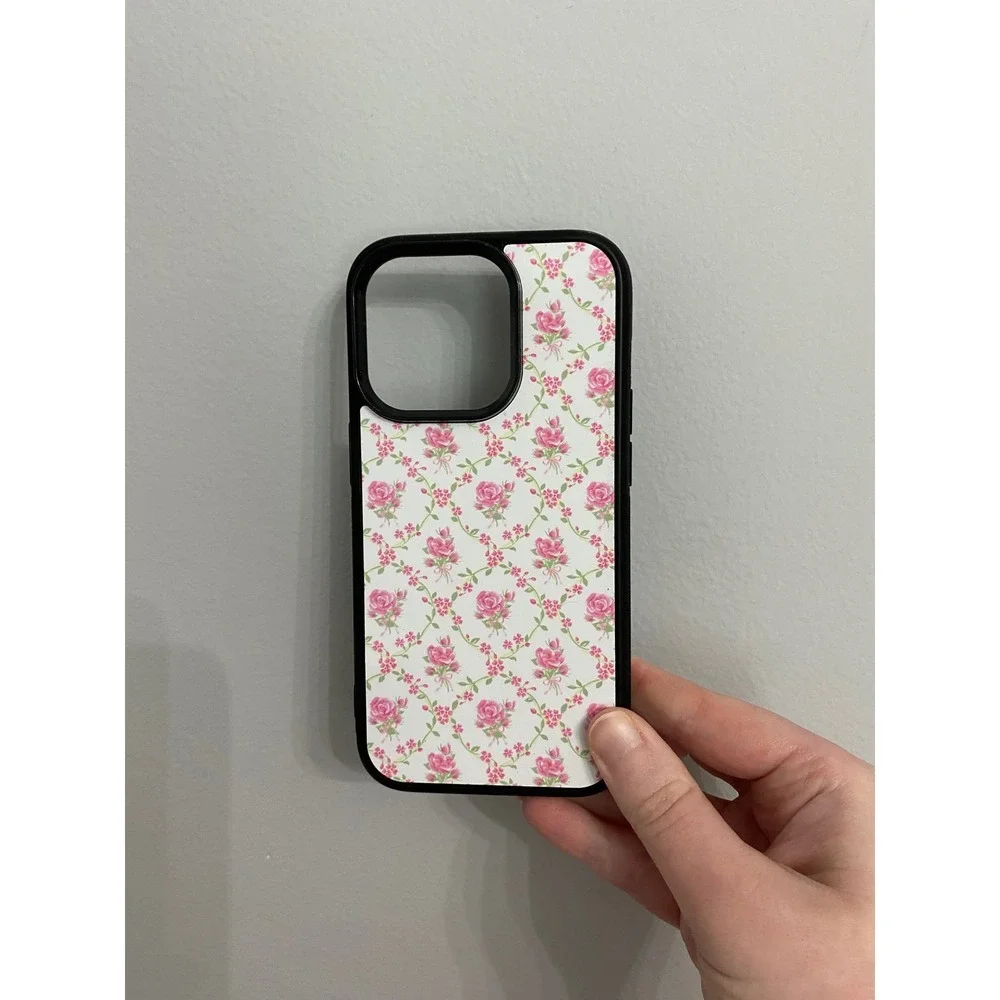 iPhone‎ 14 Pro Case Unisex OS Pink White Floral Rose Pattern Black Bumper Grip